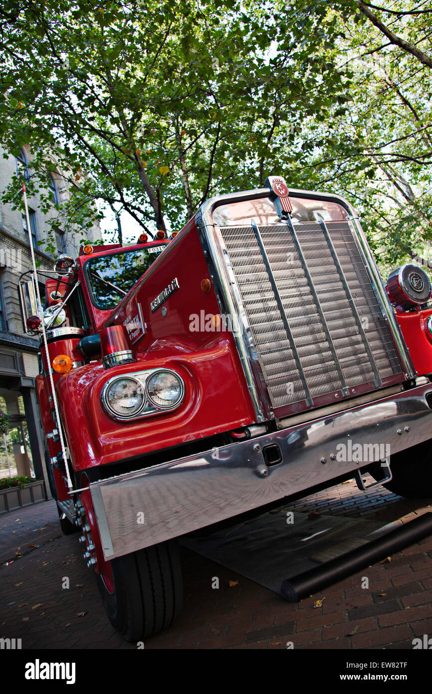Vintage firetruck in Occidental Park for the 2014 Fire Festival. Seattle Washington. Stock Photo