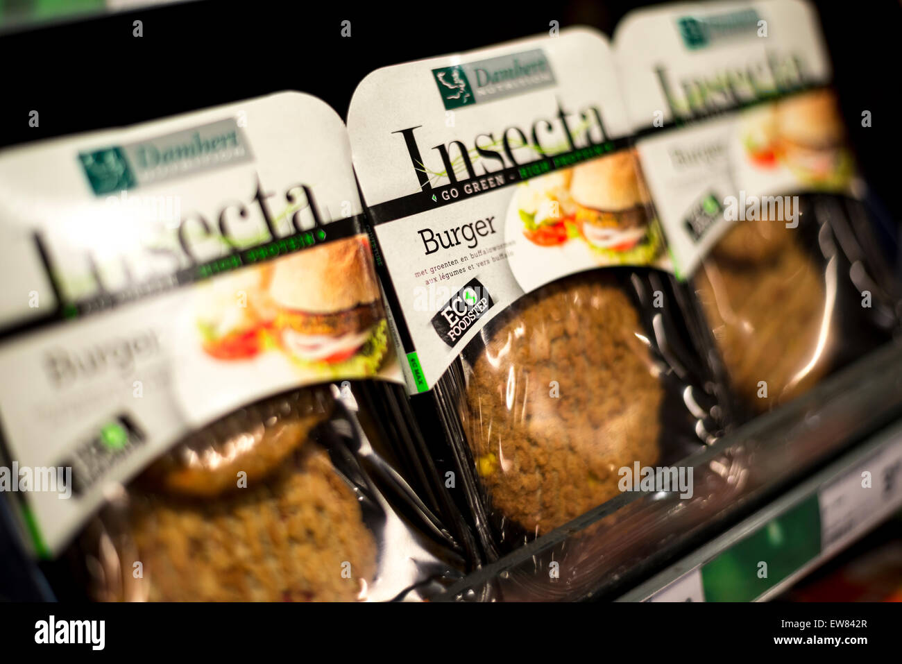 Rich in protein and low in fat, Insect Burgers on sale at Jumbo supermarkets in 400 stores across the Netherlands, 2015. Stock Photo