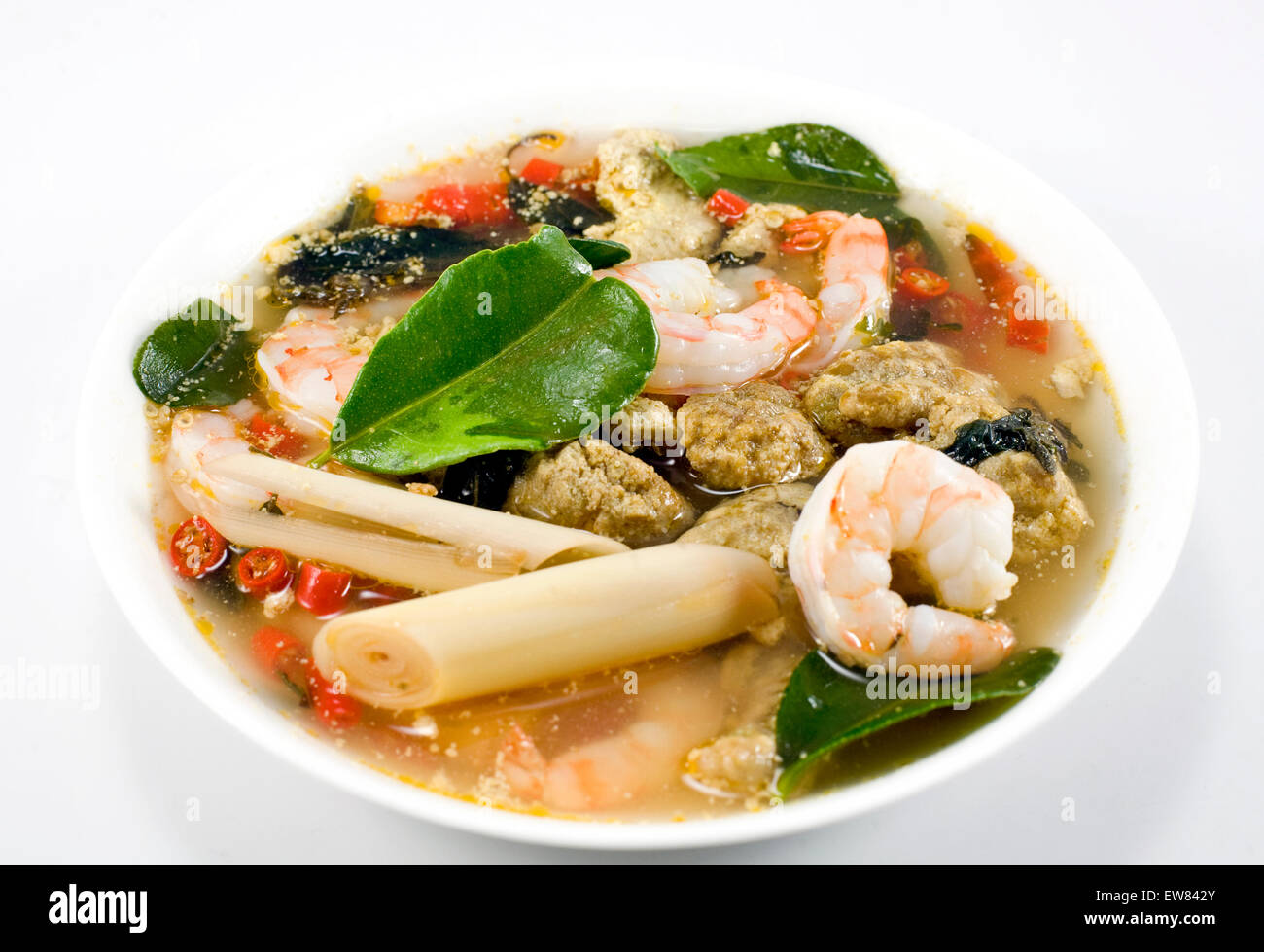 Thai Seafood Tom Yum Soup Stock Photo