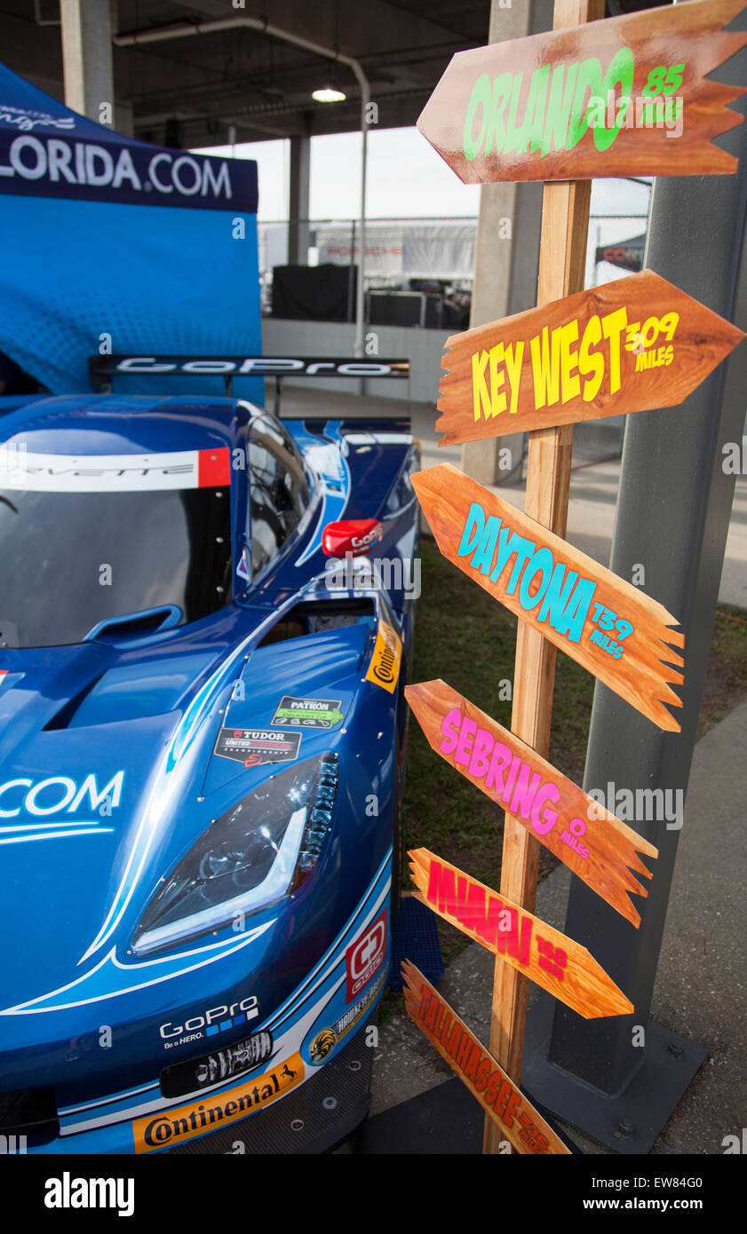 Visit Florida race car and destination signs at the 12 Hours of Sebring Car race in Sebring Florida Stock Photo