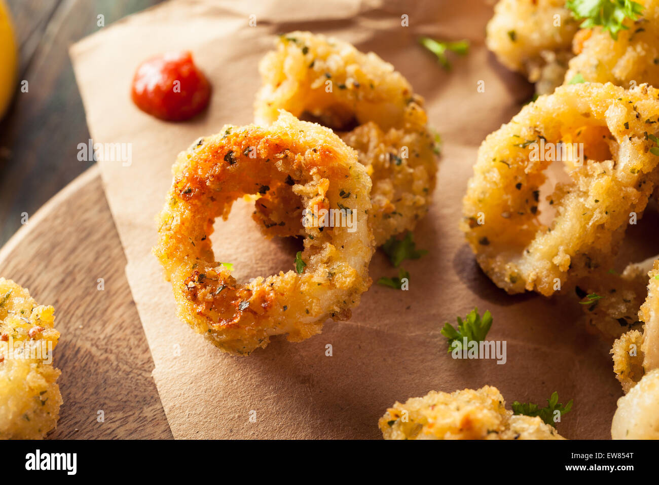 Homemade Breaded Fried Calamari with Marinara Sauce Stock Photo