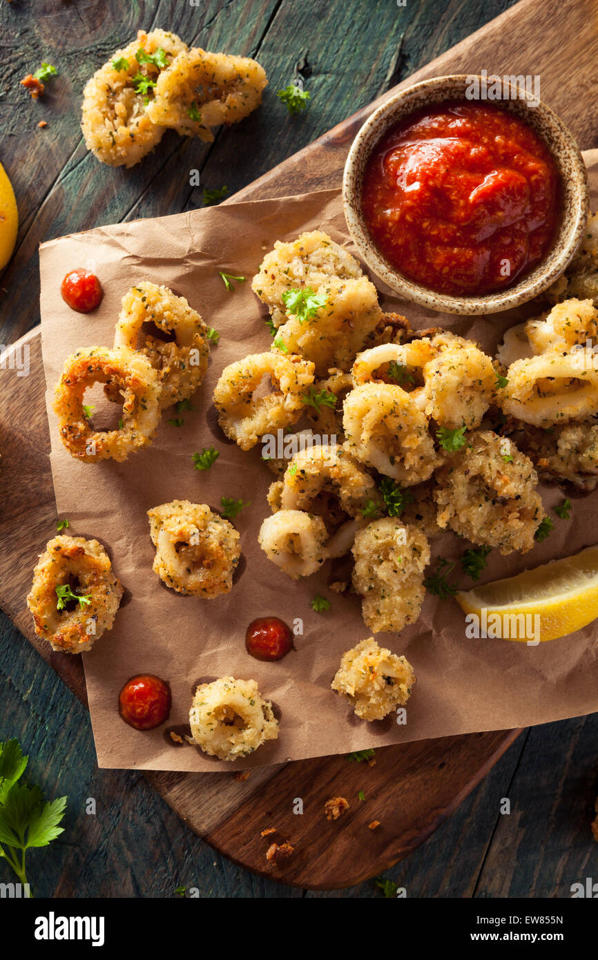 Homemade Breaded Fried Calamari with Marinara Sauce Stock Photo