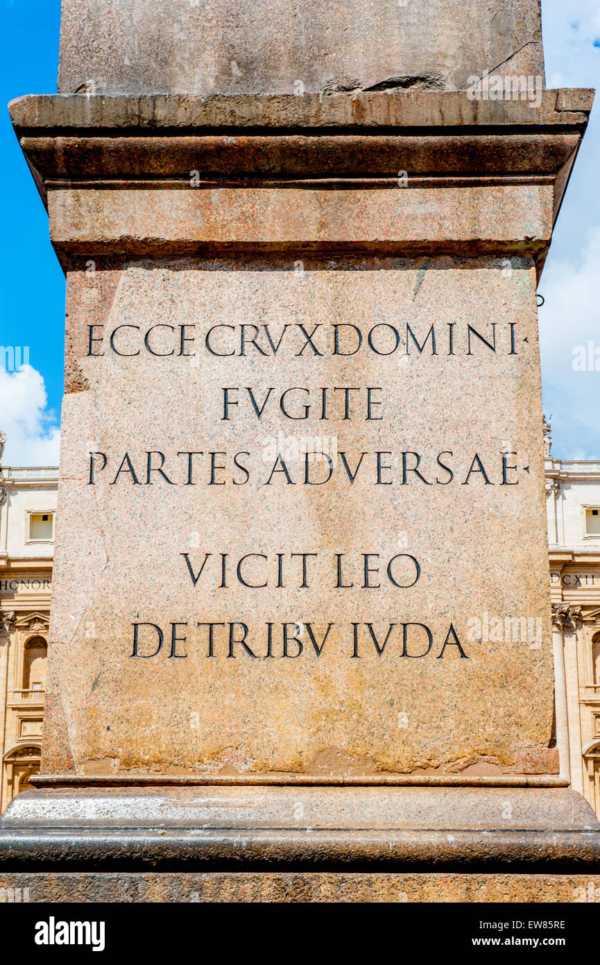Vatican obelisk base detail with latin inscription, St Peter square in Rome  Italy Stock Photo - Alamy
