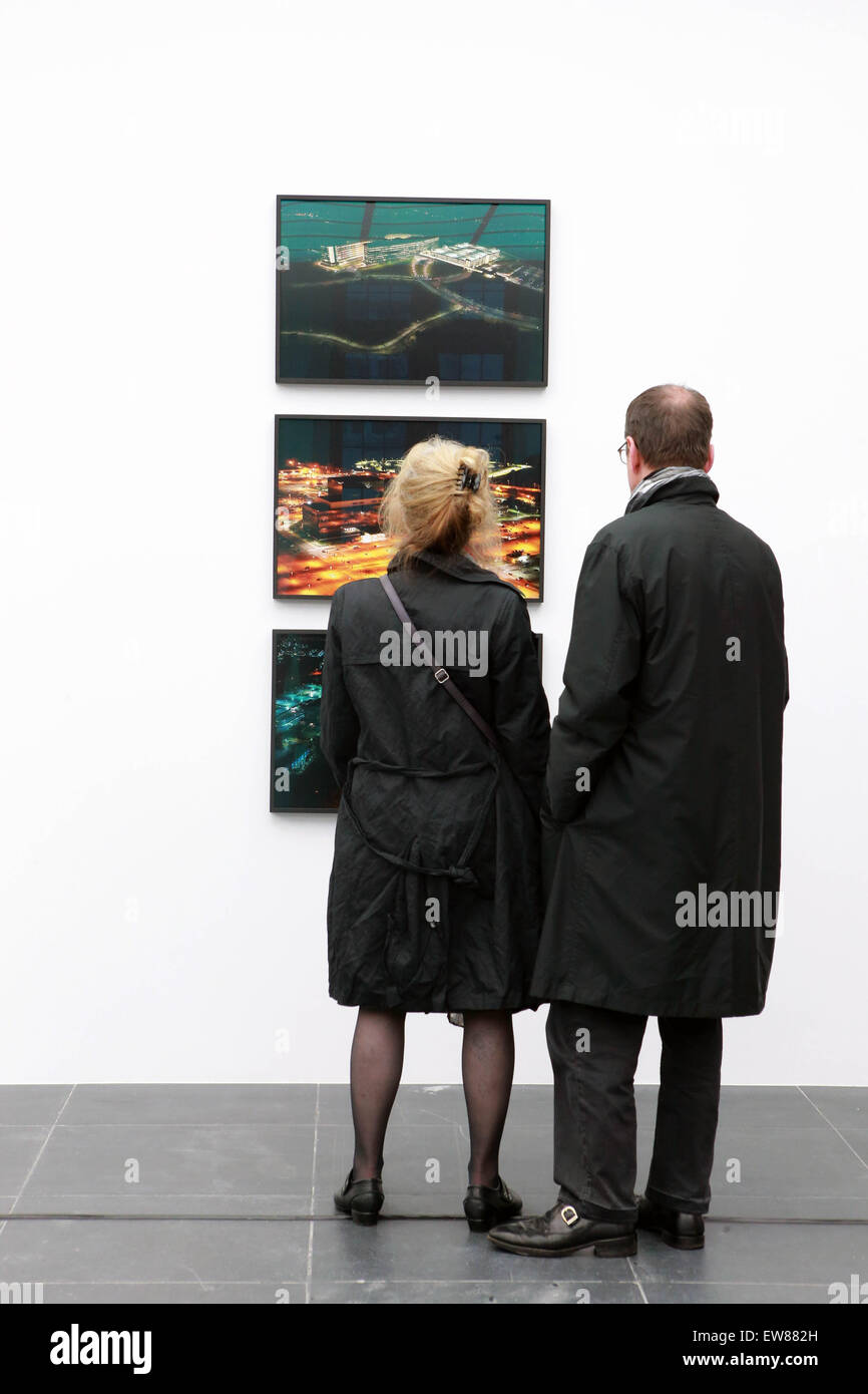 Frankfurt, Germany. 19th June, 2015. Visitors view art works at the opening ceremony of the exhibition 'Trevor Paglen: The Octopus' at the Art Association Frankfurt, Germany, on June 19, 2015. Credit:  Luo Huanhuan/Xinhua/Alamy Live News Stock Photo