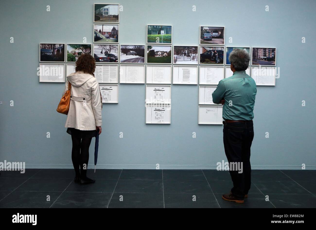 Frankfurt, Germany. 19th June, 2015. Visitors view art works at the opening ceremony of the exhibition 'Trevor Paglen: The Octopus' at the Art Association Frankfurt, Germany, on June 19, 2015. Credit:  Luo Huanhuan/Xinhua/Alamy Live News Stock Photo