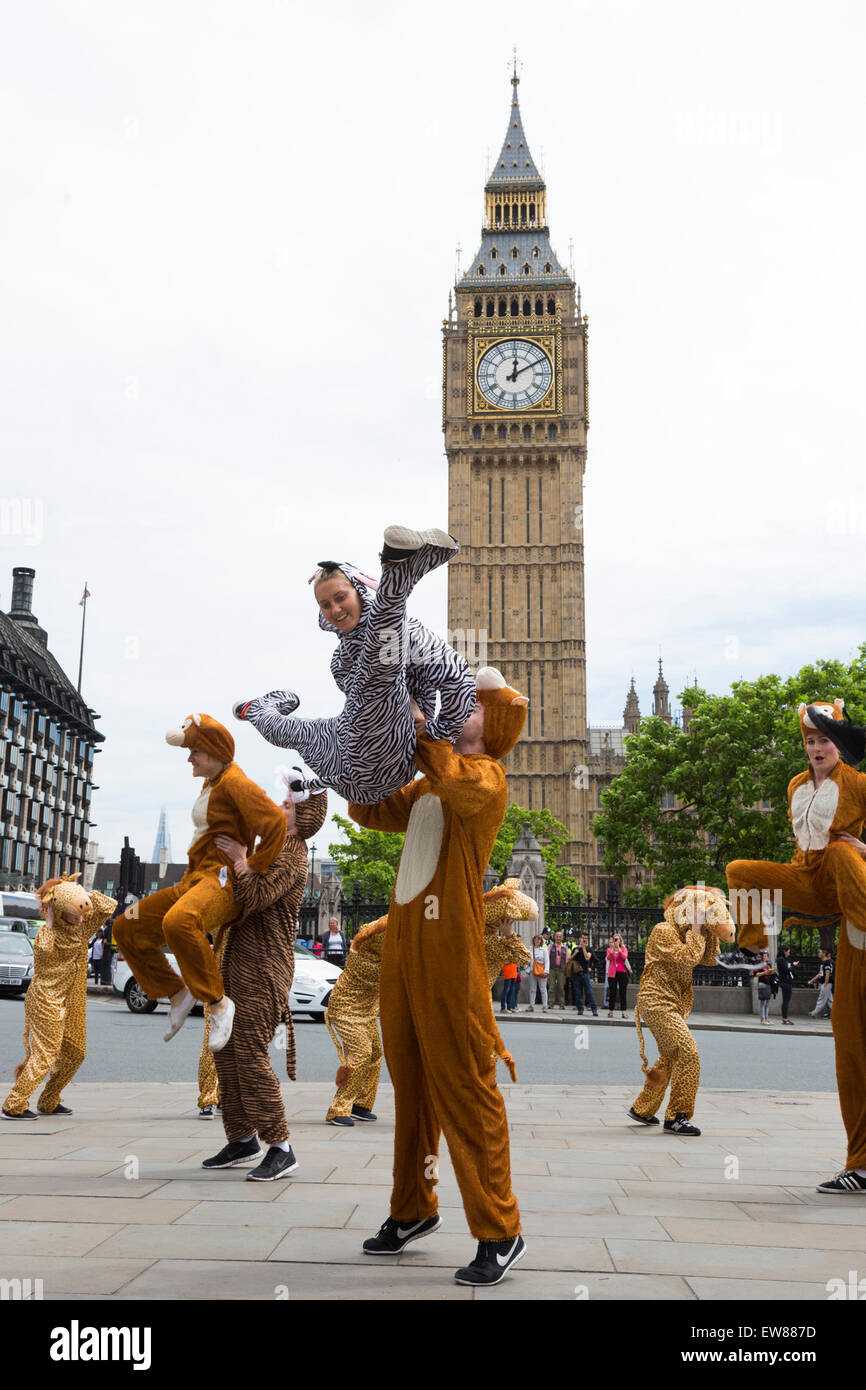 Climate Change activists in animal costumes danced in Parliament Square before a large lobbying event with MPs on climate change at the Houses of Parliament. Stock Photo