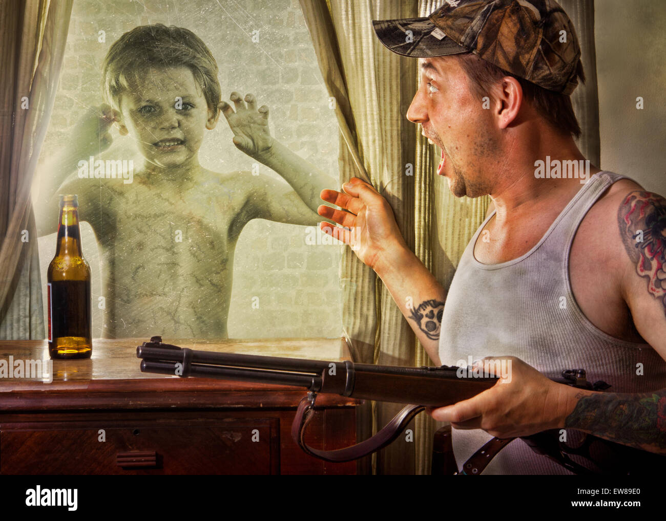 Zombie child staring into the window  of a drunk rednecks house Stock Photo