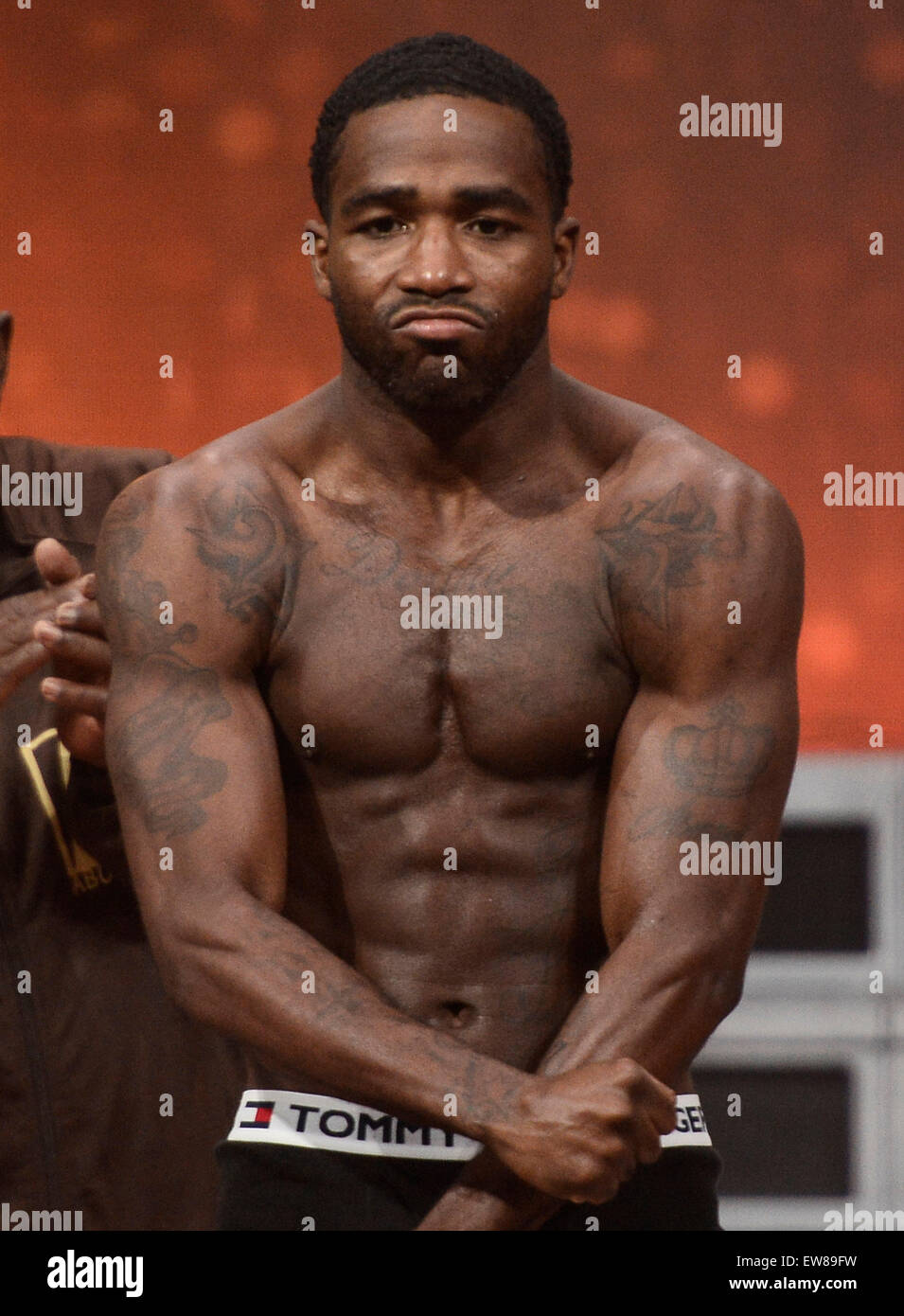 Adrien Broner weighs in at 144 pounds Friday at the MGM grand hotel
