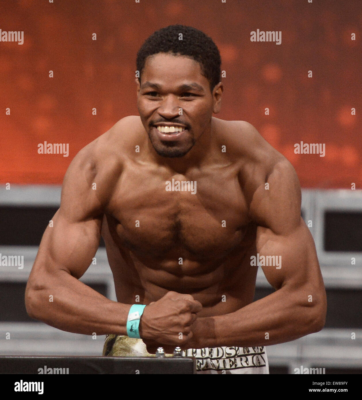 Shawn Porter weighs in at 143.5 pounds Friday at the MGM grand hotel