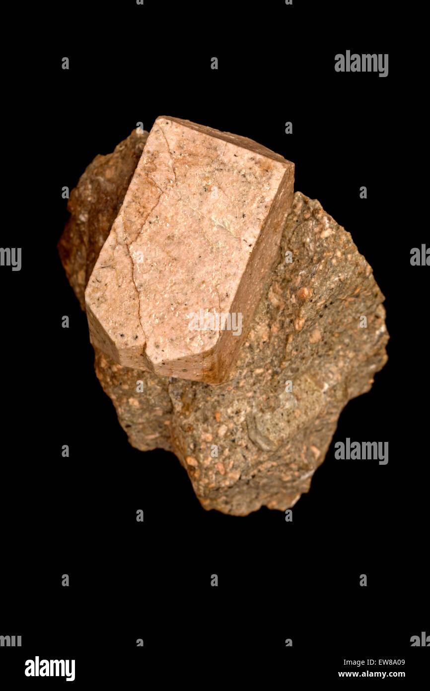 Sanidine is the high temperature form of potassium feldspar with a general formula K(AlSi3O8), near Beaverdell, British Columbia Stock Photo