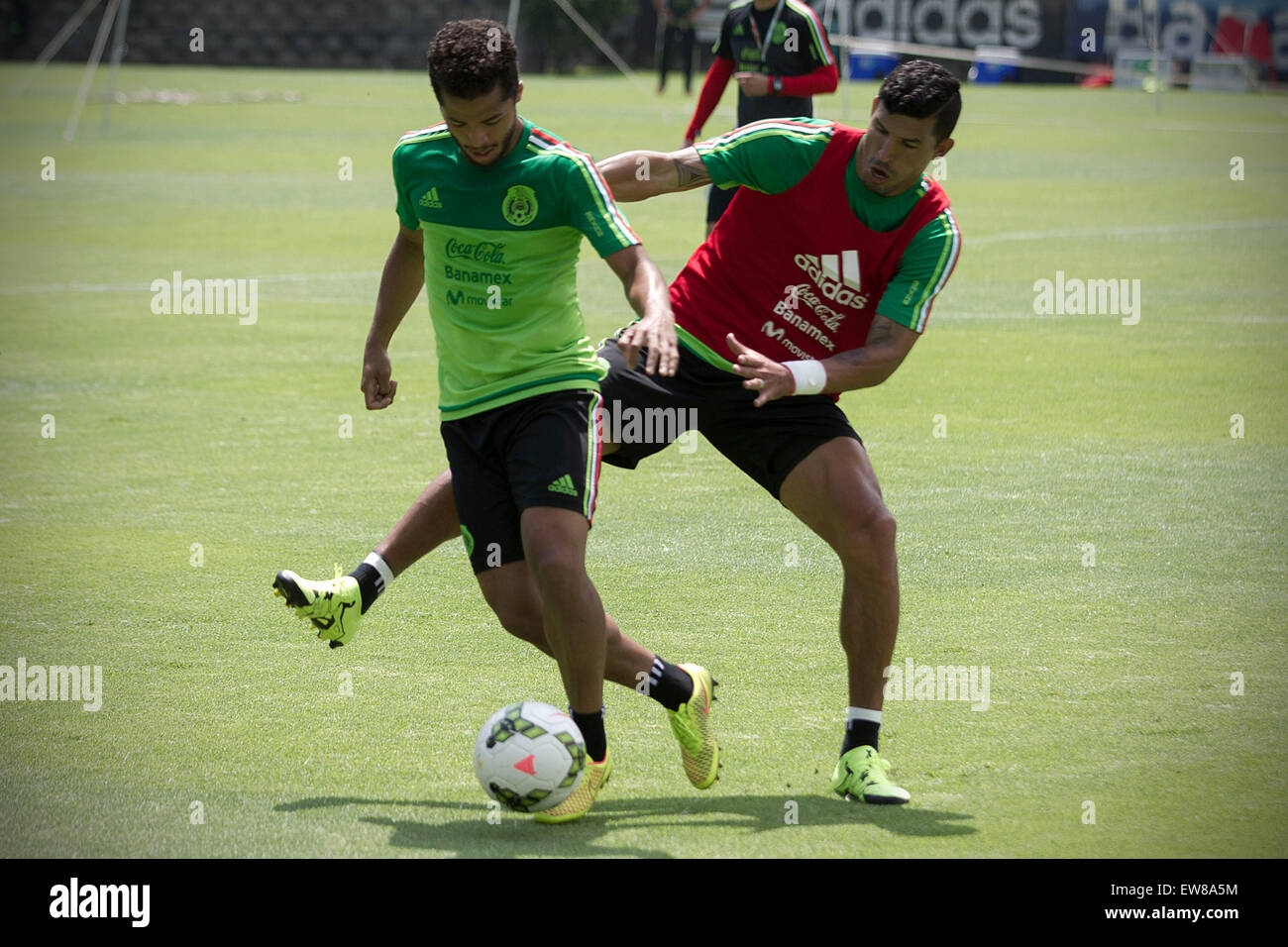 Mexico City, Mexico. 19th June, 2015. Mexico's national football team players Giovani dos Santos (L) and Francisco Rodriguez take part in a training session prior to the 2015 CONCACAF Gold Cup, in Mexico City, capital of Mexico, on June 19, 2015. The 2015 Gold Cup will be held in the United States and Canada on July 7-26, 2015. Credit:  Alejandro Ayala/Xinhua/Alamy Live News Stock Photo