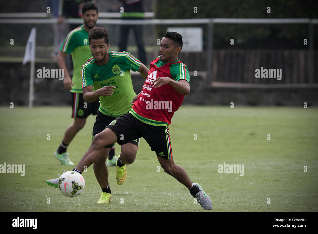 Mexico City, Mexico. 19th June, 2015. Mexico's national football team players Giovani dos Santos (L Front) and Jose Vazquez (R) take part in a training session prior to the 2015 CONCACAF Gold Cup, in Mexico City, capital of Mexico, on June 19, 2015. The 2015 Gold Cup will be held in the United States and Canada on July 7-26, 2015. Credit:  Alejandro Ayala/Xinhua/Alamy Live News Stock Photo