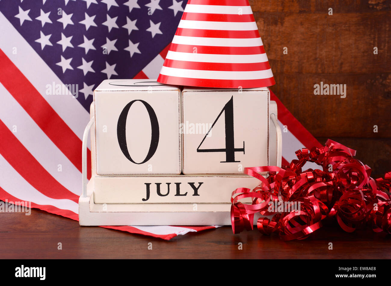 Fourth Of July Vintage Wood Calendar With Flag And Party Hat And