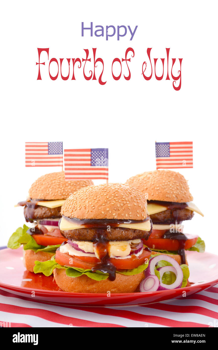 The Great BBQ Hamburger with American flags for USA Fourth of July and holiday events party celebrations. Stock Photo