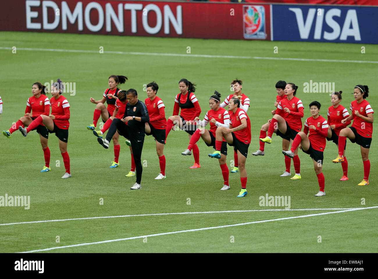 Edmonton. 19th June, 2015. Players of China attend a training session ahead of the Round of 16 match against Cameroon at Commonwealth Stadium in Edmonton, Canada. Credit:  Qin Lang/Xinhua/Alamy Live News Stock Photo