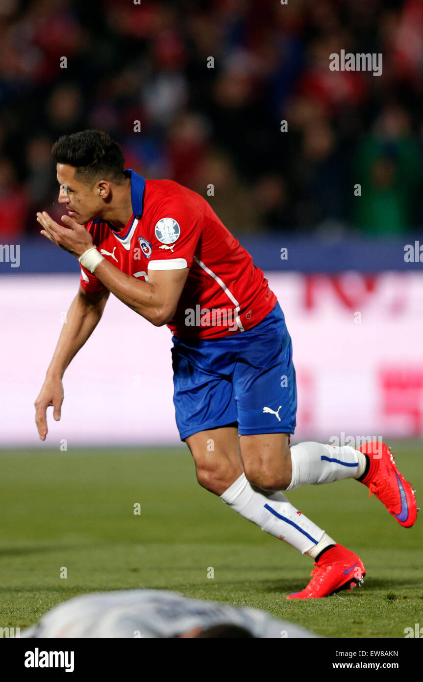 Santiago, Chile. 19th June, 2015. Chile's Alexis Sanchez celebrates his score during the Group A match of the Copa America Chile 2015, against Bolivia, held in the National Stadium, in Santiago, Chile, on June 19, 2015. Chile won 5-0. Credit:  Guillermo Arias/Xinhua/Alamy Live News Stock Photo