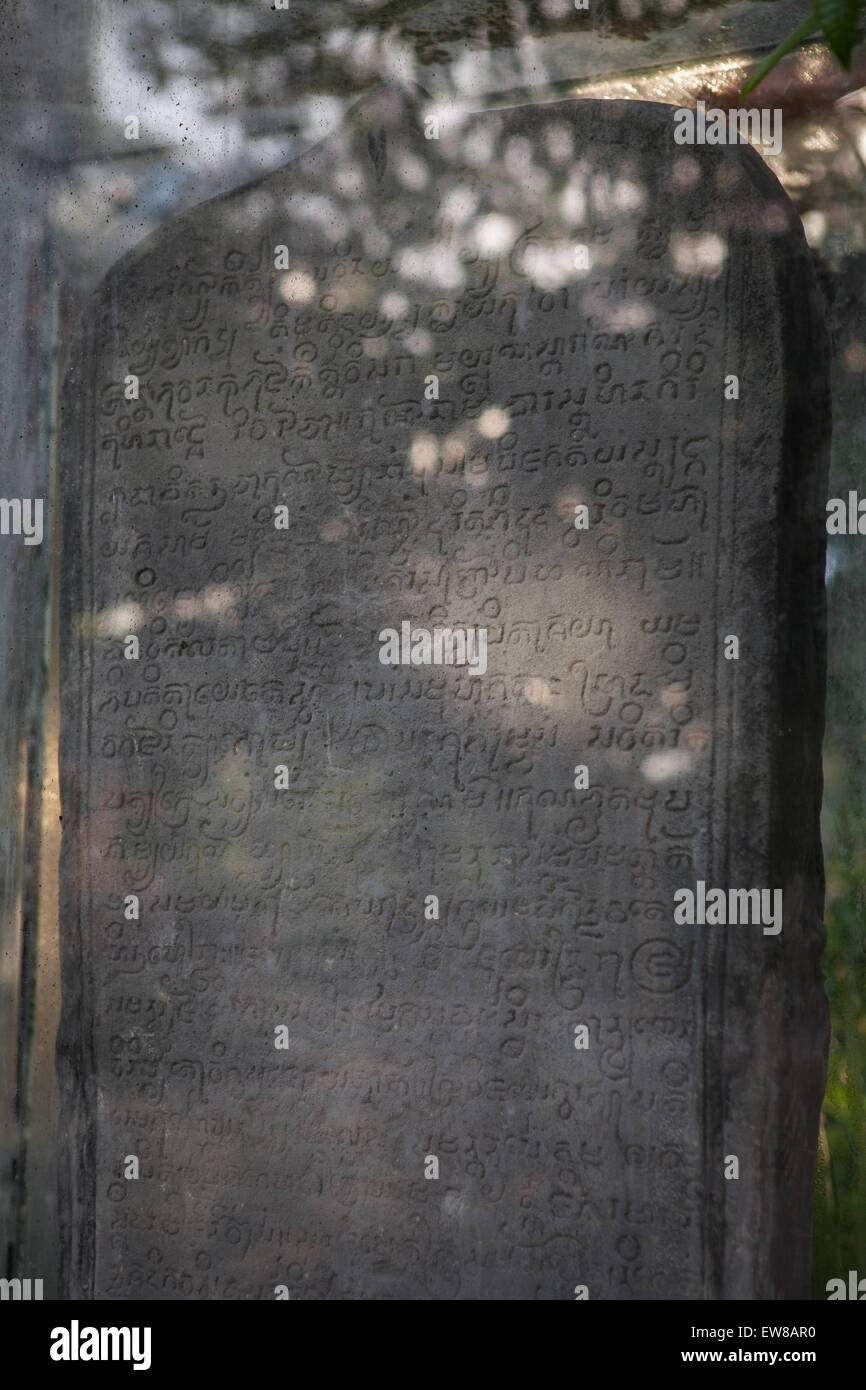 Wat Sema Mueang inscription at Wat Sema Mueang buddhist temple in Nakhon Si Thammarat, Thailand. Stock Photo