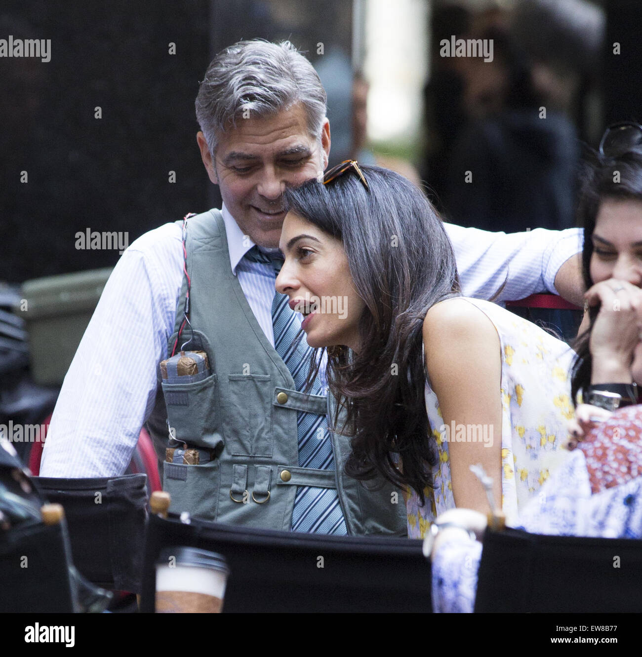 Amal Clooney visits her husband George Clooney on the set of 'Money Monsters'  Featuring: George Clooney, Amal Clooney Where: New York, New York, United States When: 19 Apr 2015 Stock Photo