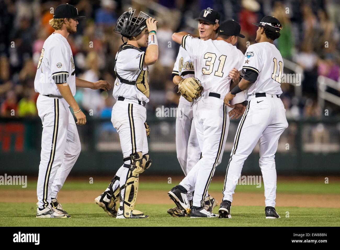 June 19, 2015: Vanderbilt Bryan Reynolds #20 celebrates in action during  game 12 of the 2015 NCAA Men's College World Series between the Vanderbilt  Commodores and TCU Horned Frogs at TD Ameritrade