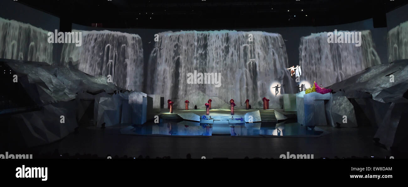 Beijing, China. 19th June, 2015. Chinese fantasy music drama 'Attraction' is staged at the National Swimming Center, also known as the 'Water Cube', in Beijing, capital of China, June 19, 2015. Credit:  Li Wen/Xinhua/Alamy Live News Stock Photo