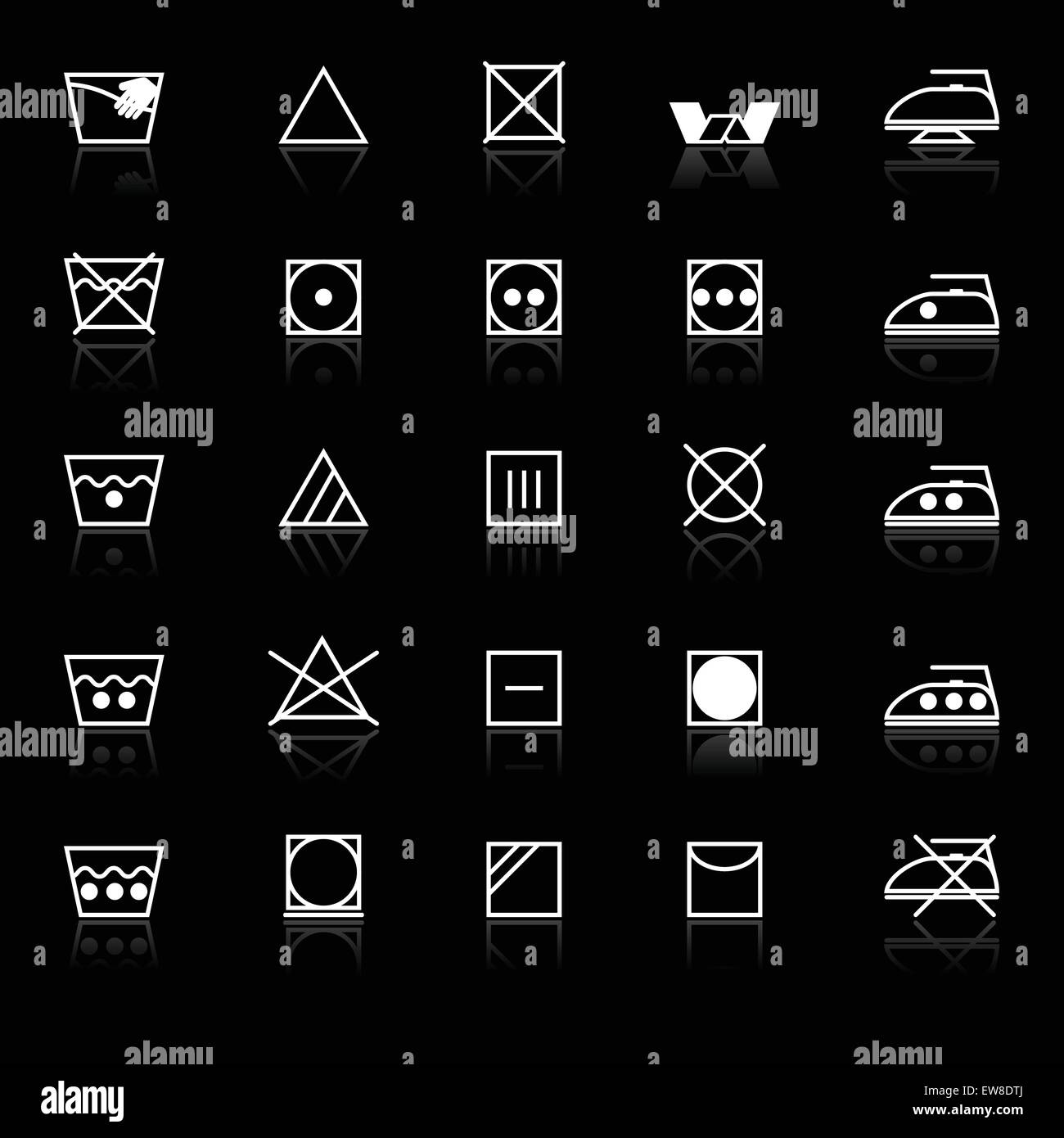 Fabric care sign and symbol icons with reflect on black background