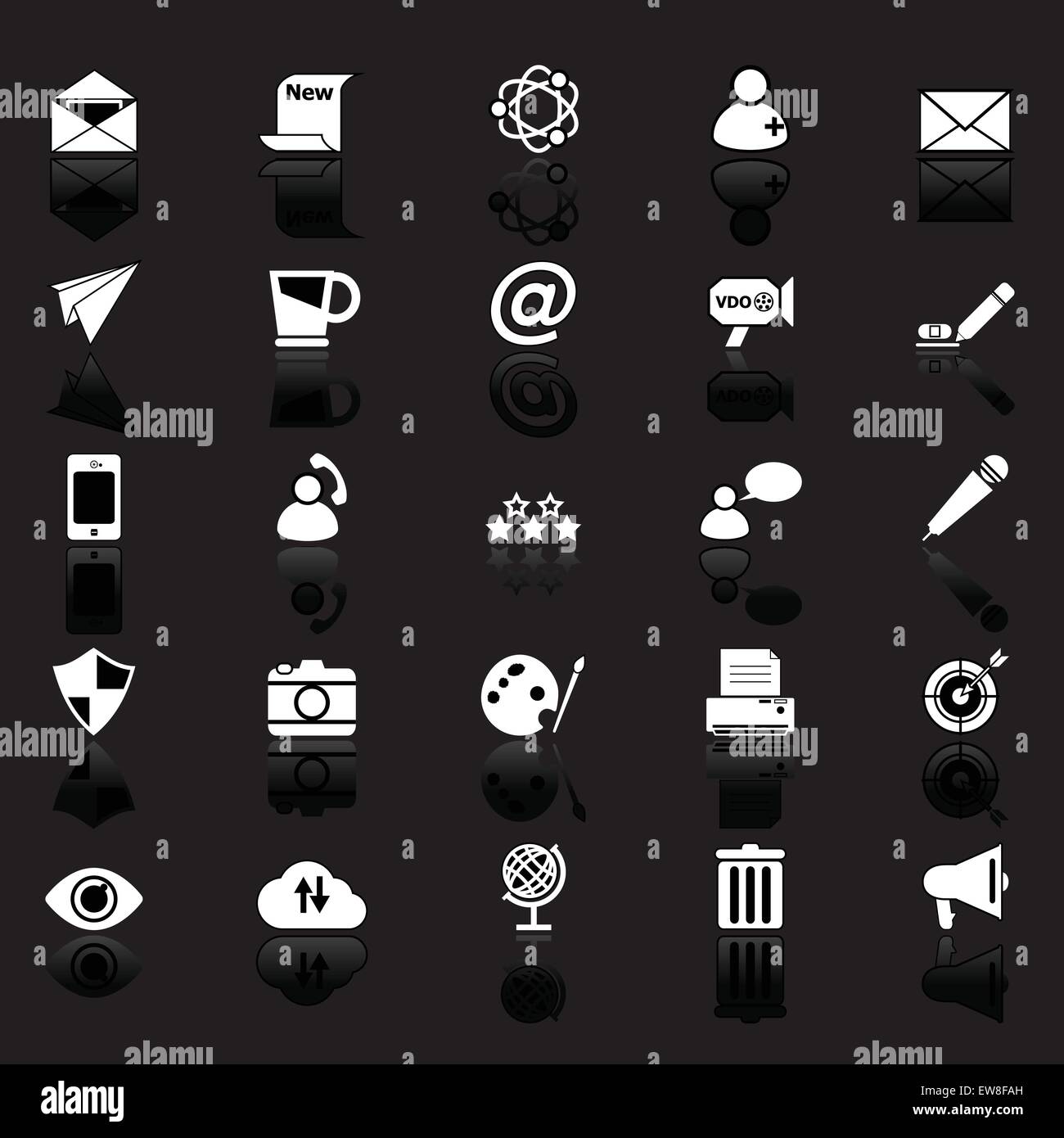 Message and email icons with reflect on black background, stock vector ...