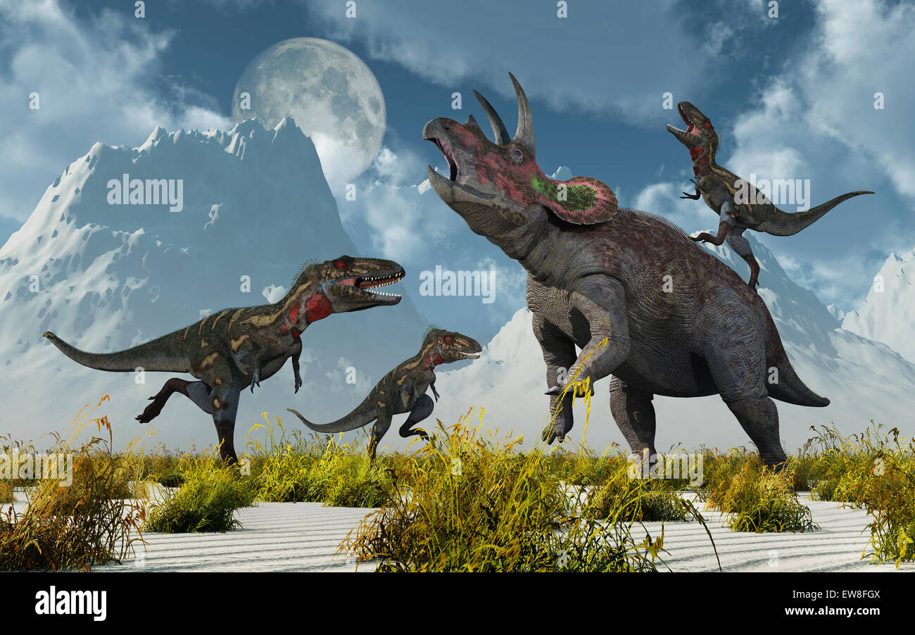 A Pack Of Nano Tyrannosaurus,Attacking A Triceratops Stock Photo