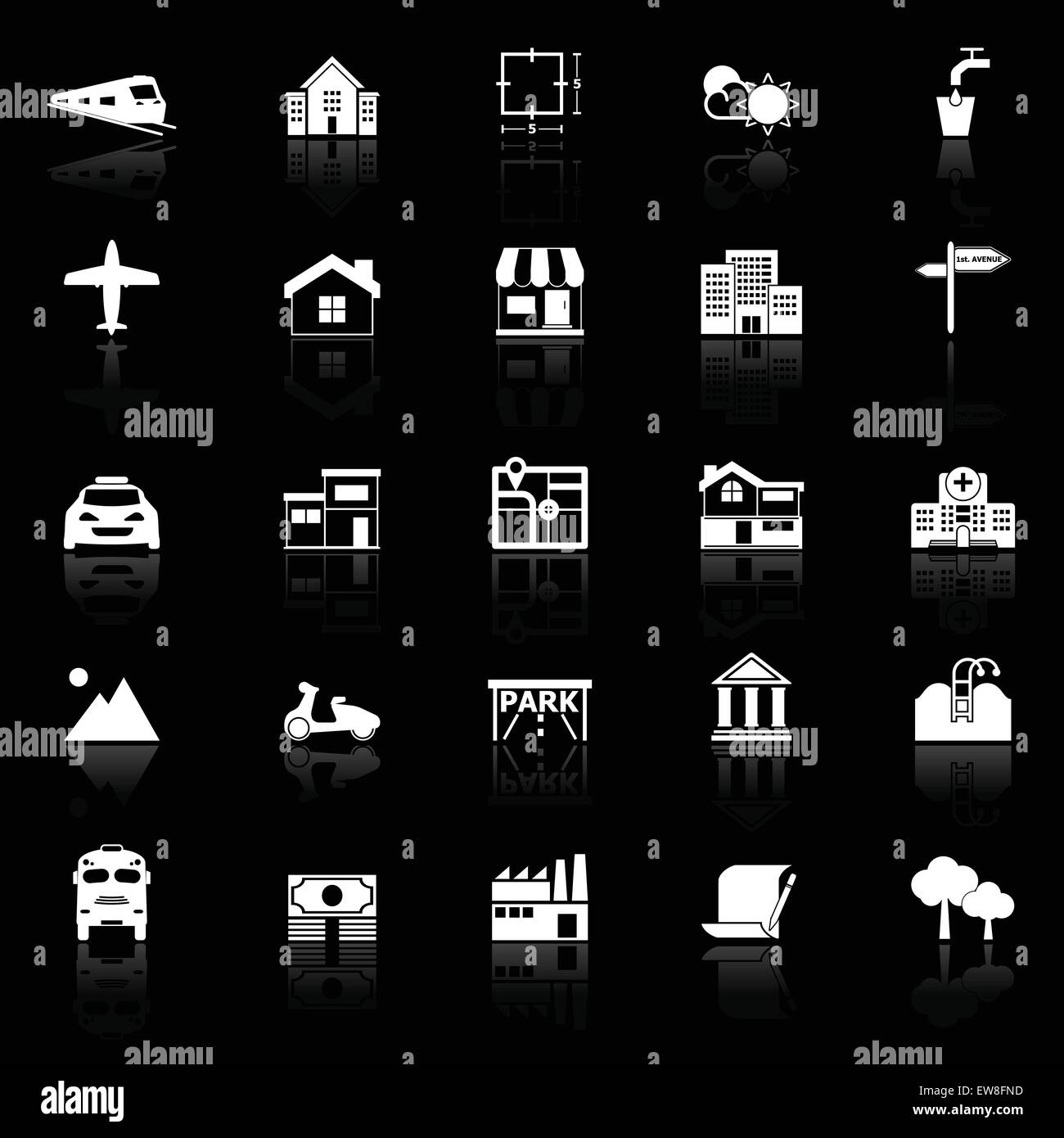 Real estate icons with reflect on black background, stock vector Stock ...