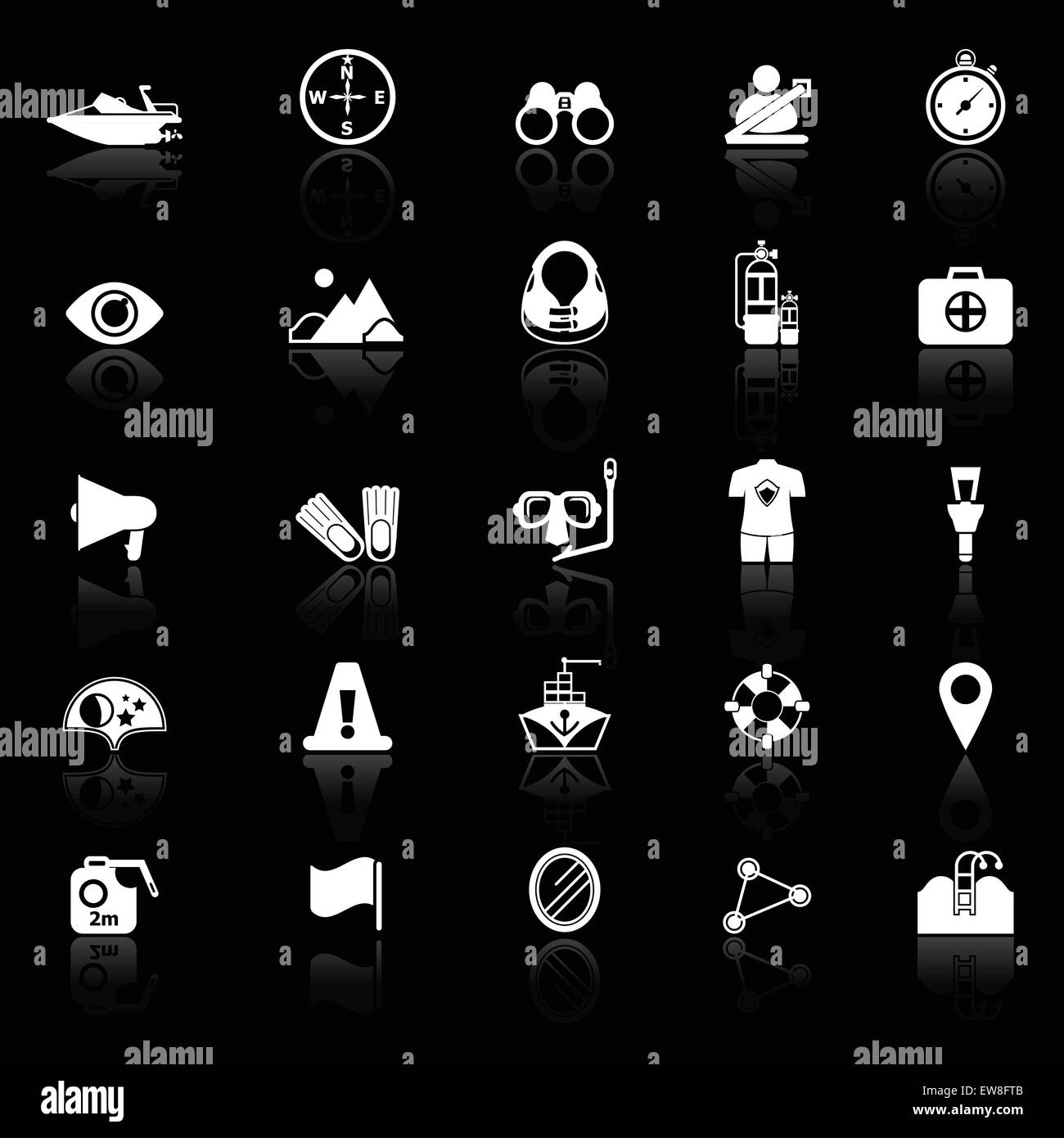 Waterway related icons with reflect on black background, stock vector ...