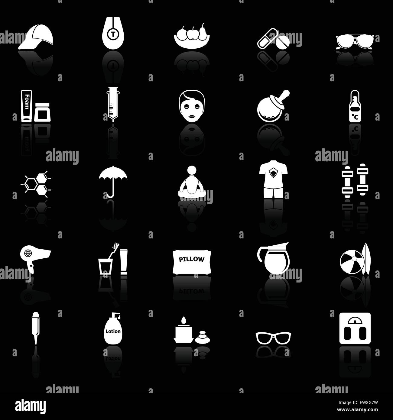 Facial and body treatment icons with reflect on black background, stock