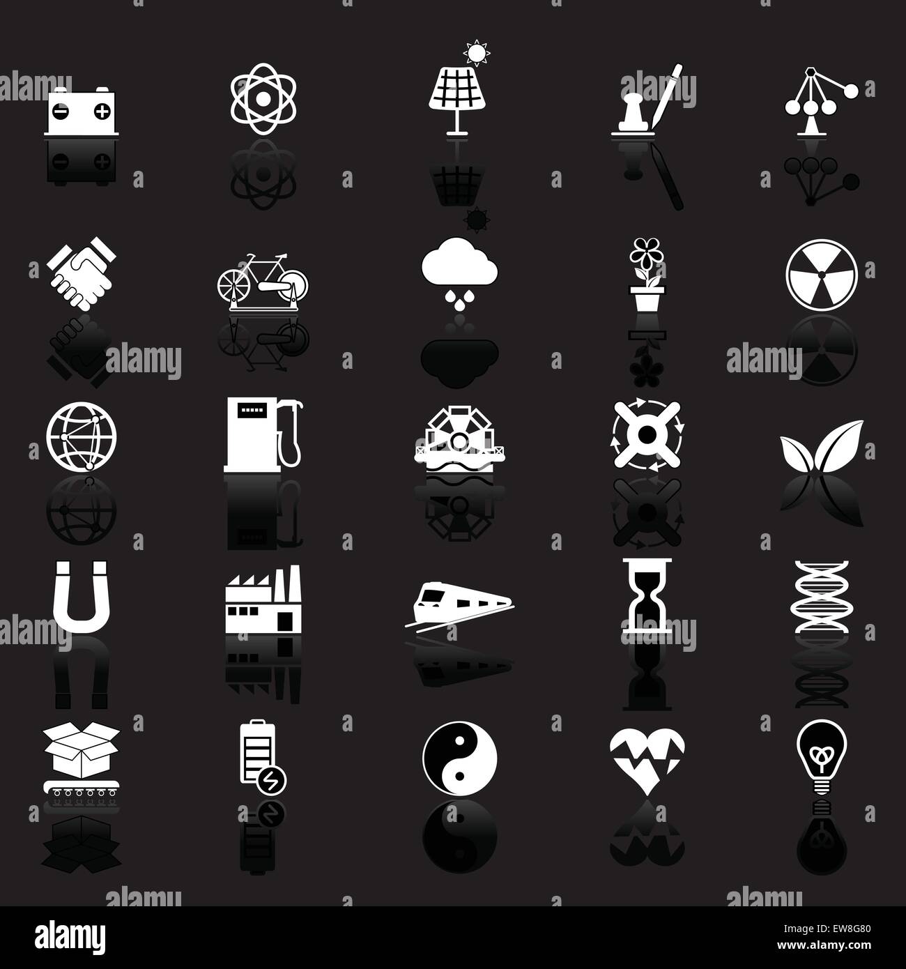 Renewable energy icons with reflect on black background, stock vector ...