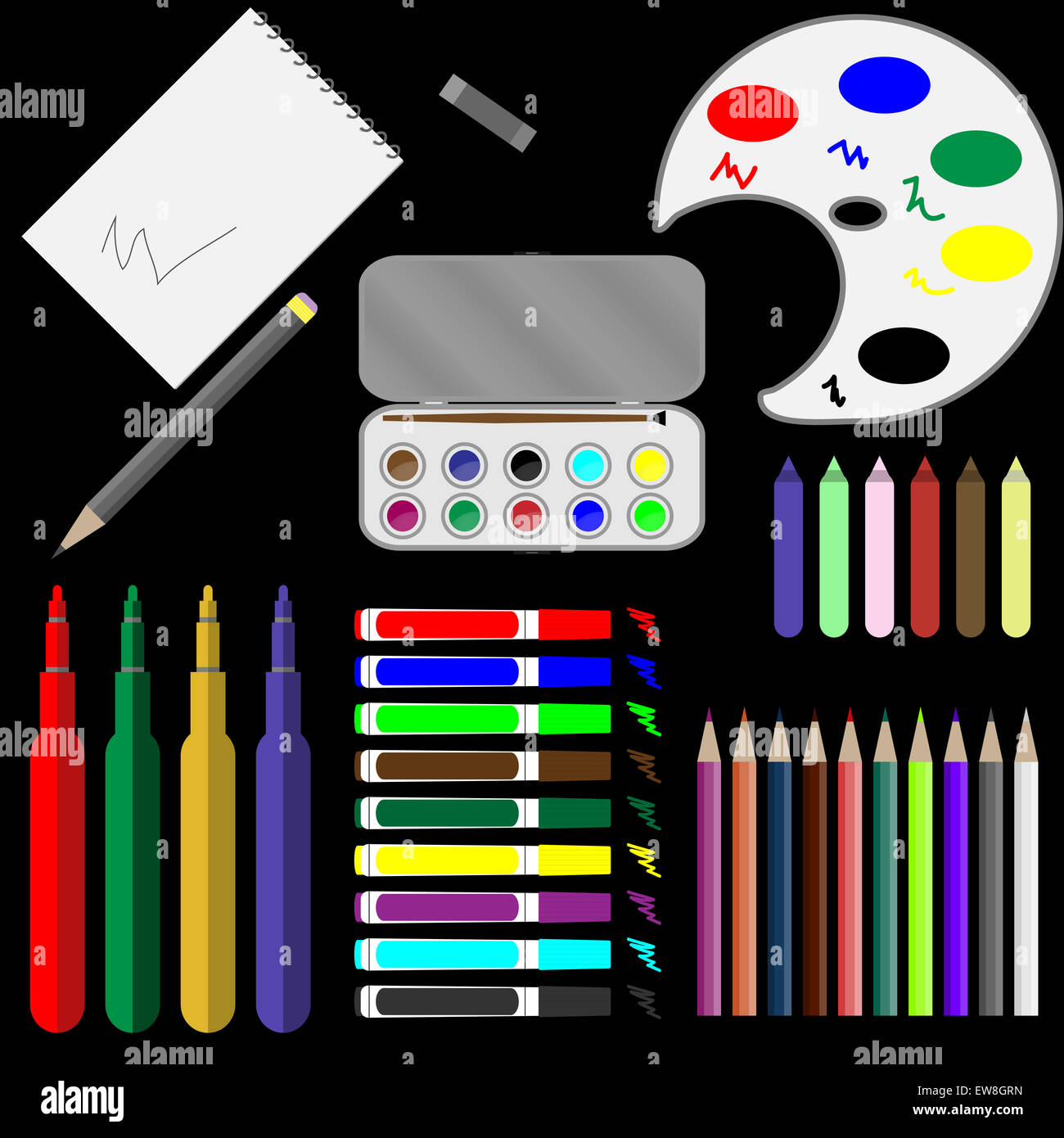 Set of drawing tools. Paint brush, equipment and marker, paper and