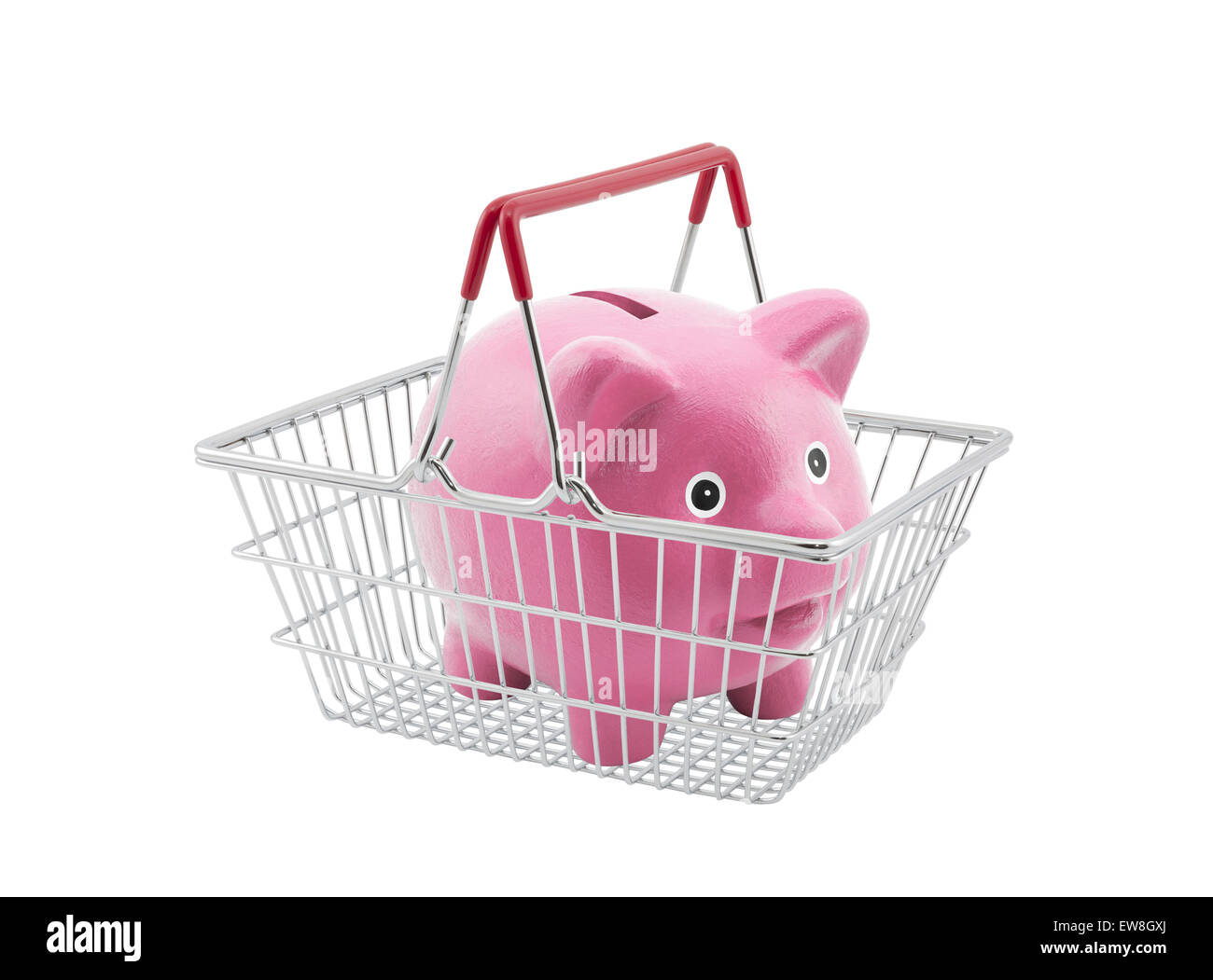 Shopping basket with piggy bank on white background Stock Photo