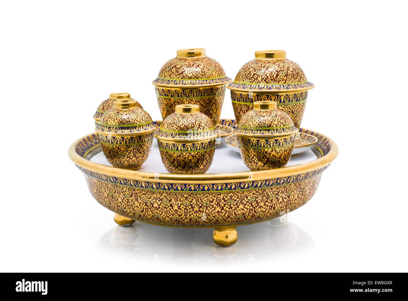 Antique Chinese tea bowl set, isolated on white background Stock Photo