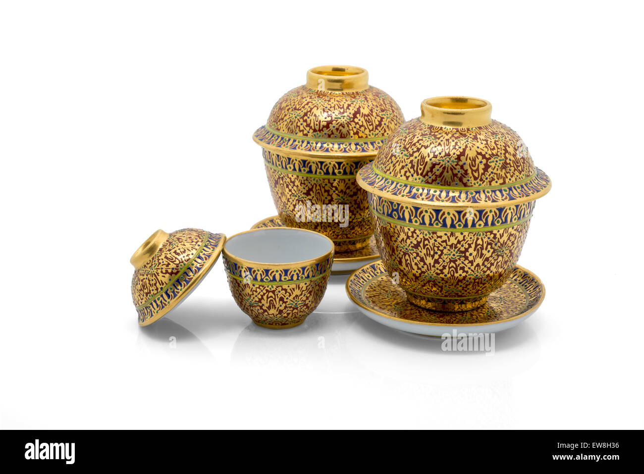 Antique Chinese tea bowl set, isolated on white background Stock Photo