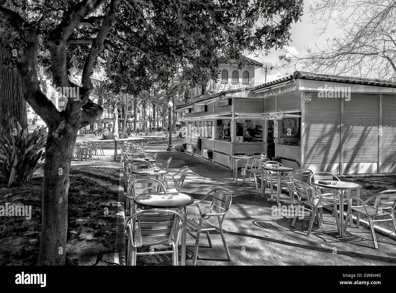 -Terraces of Coffe shops in Alicante City- Spain. Stock Photo