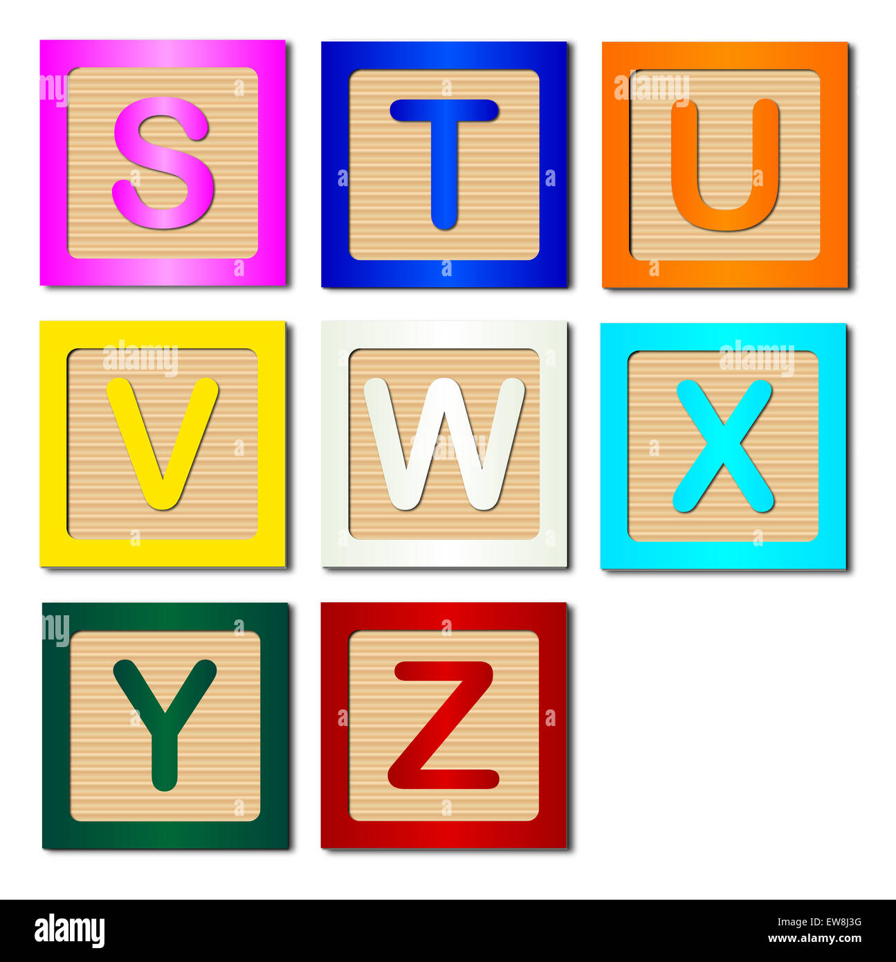A collection of wooden block letters S to Z over a white background