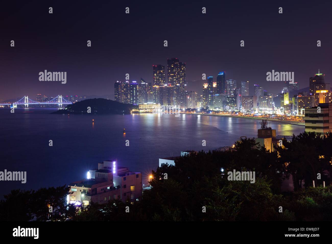 Night view over Busan city with Haeundae beach and Haeundae business district on the background, Busan, South Korea. Stock Photo