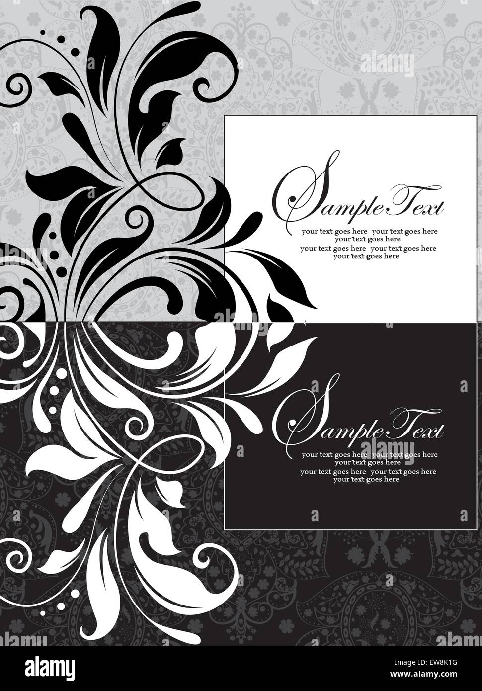 Vintage invitation card with ornate elegant abstract floral design, black, white and gray. Vector illustration. Stock Vector