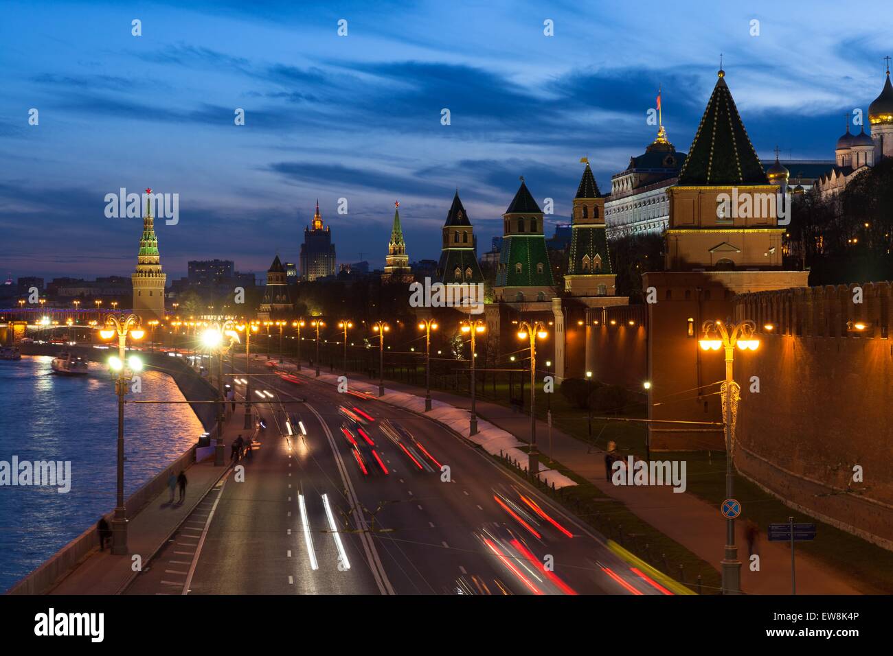 The view of the Moscow Kremlin, Ministry of Foreign Affairs and Kremlevskaya Embankment at dusk, Moscow, Russia at May 07 2014. Stock Photo