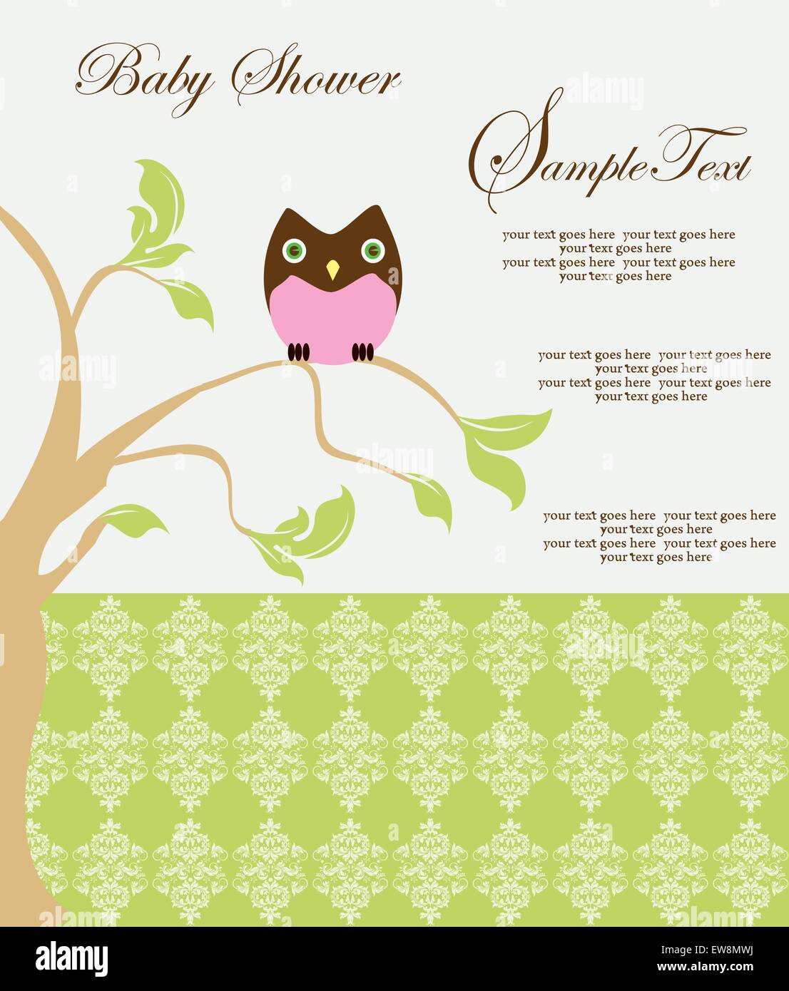 Vintage baby shower invitation card with ornate elegant retro abstract  floral design, tree with brown and pink owl on yellow green and pale green  background. Vector illustration Stock Vector Image \u0026 Art -, image size:1106x1390