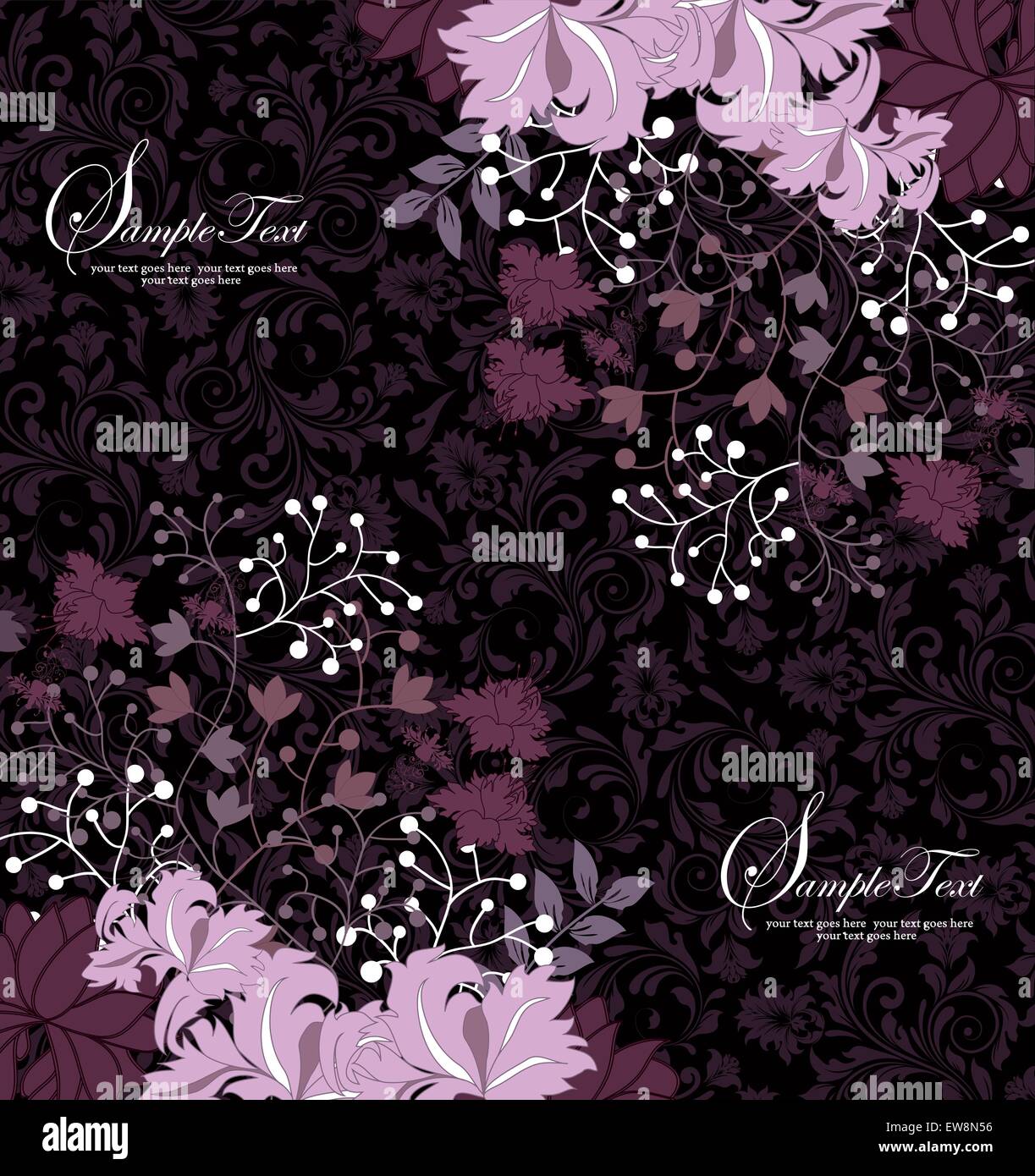 Vintage invitation card with ornate elegant retro abstract floral design, pink and purple