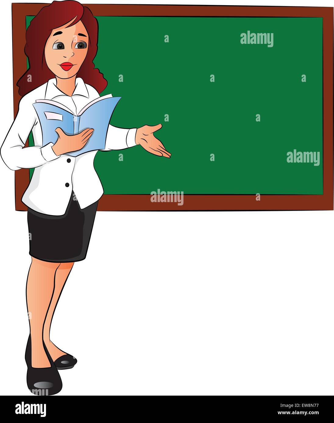 Vector illustration of businesswoman with a file, pointing at board in office. Stock Vector