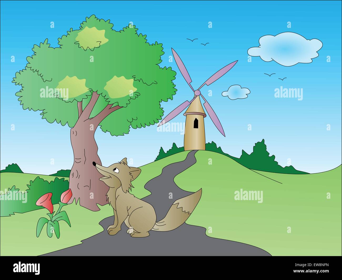Vector illustration of curious fox on path leading towards windmill, nature background. Stock Vector