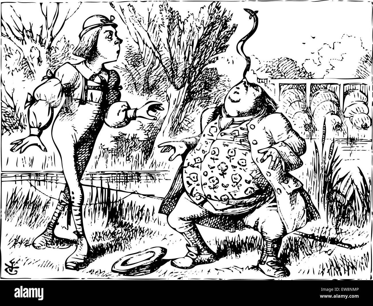 Alice in Wonderland old illustration engraving. Father William balancing eel on his nose: Alice's Adventures in Wonderland. Illustration from John Tenniel, published in 1865. Stock Vector