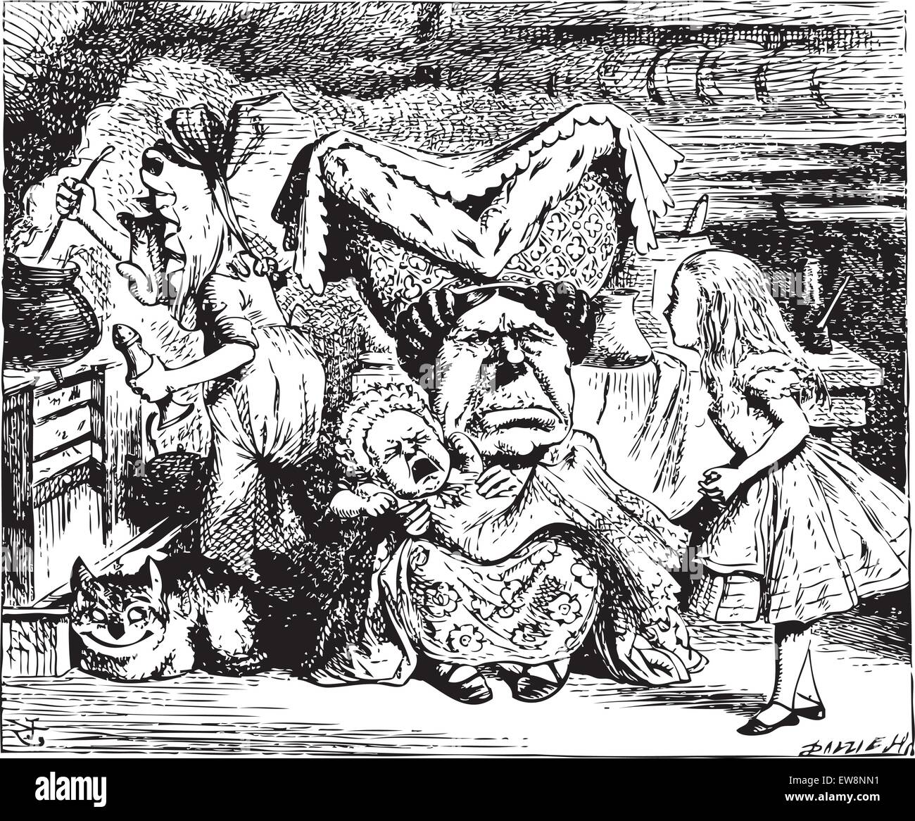 Alice in Wonderland.Cook, Duchess, Cheshire Cat, Baby, and Alice. Duchess is sitting on a three-legged stool in the middle, nursing a baby. Alice's Adventures in Wonderland. Illustration from John Tenniel, published in 1865. Stock Vector