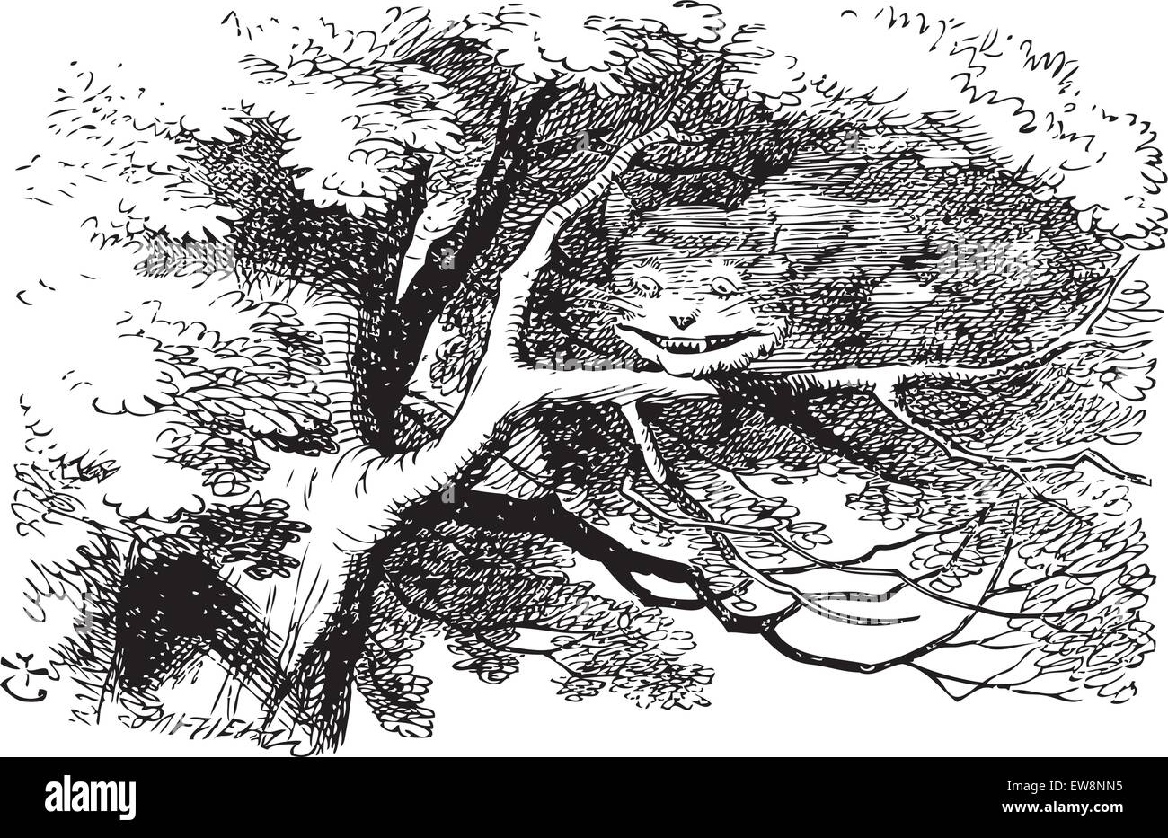Alice in Wonderland. Cheshire Cat fading to smile. The cat vanished quite slowly, beginning with the end of the tail, and ending with the grin, which remained some time after the rest of it had gone. Stock Vector