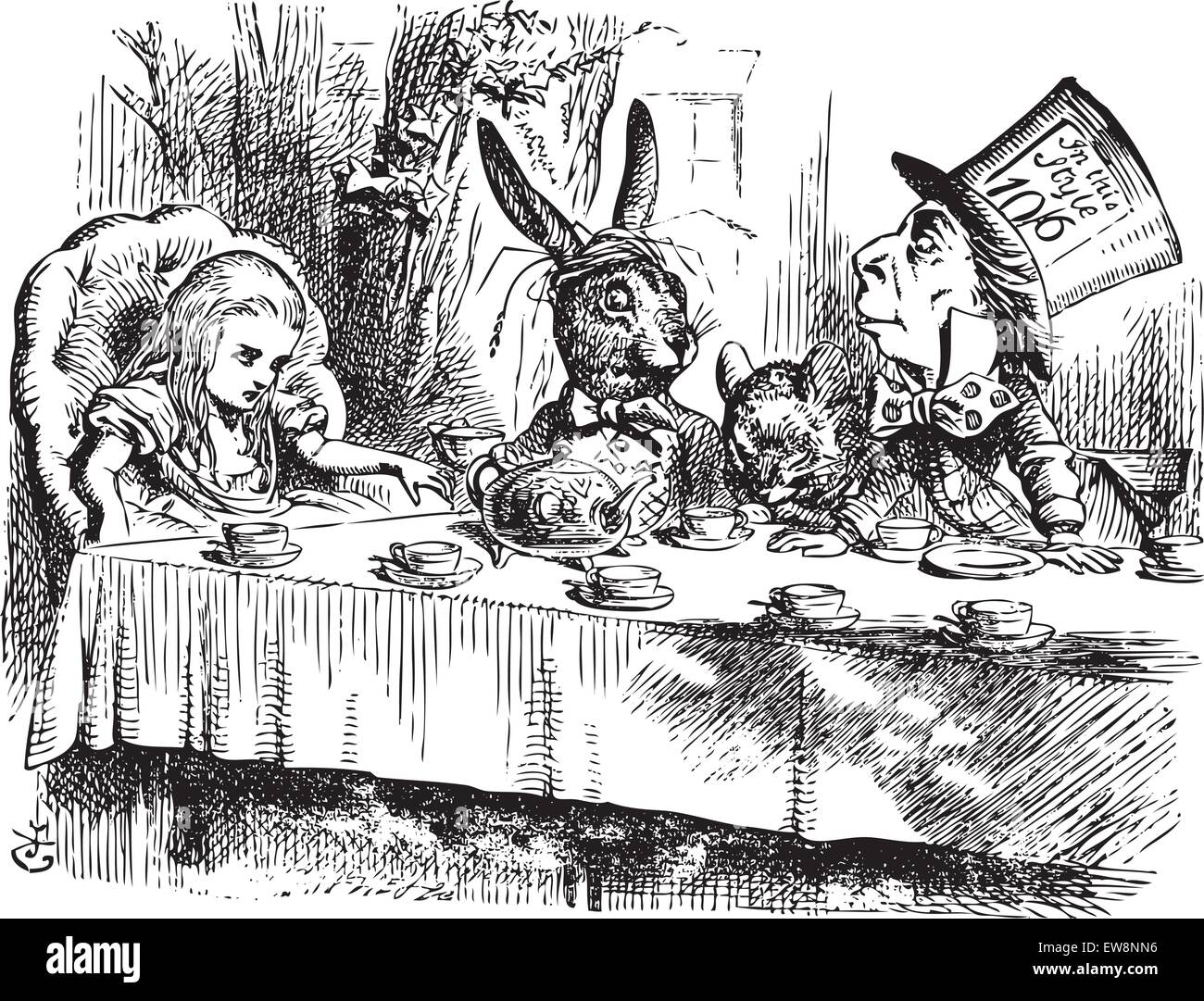 Mad Hatter’s Tea Party, Alice in Wonderland original vintage engraving. Tea party with the Mad Hatter, Dormouse and the White Rabbit. Alice's Adventures in Wonderland. Illustration from John Tenniel, published in 1865. Stock Vector