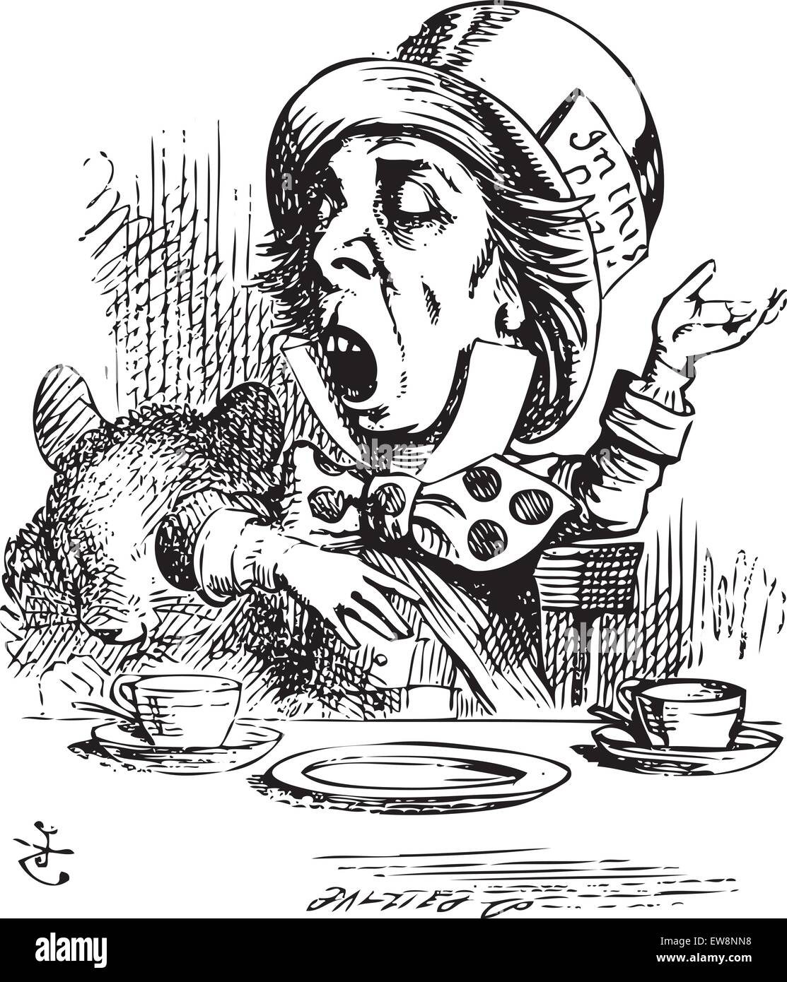 Hatter engaging in rhetoric. Mad Hatter is telling a story to Alice and his friends. Alice in Wonderland original vintage engraving. Alice's Adventures in Wonderland. Illustration from John Tenniel, published in 1865. Stock Vector