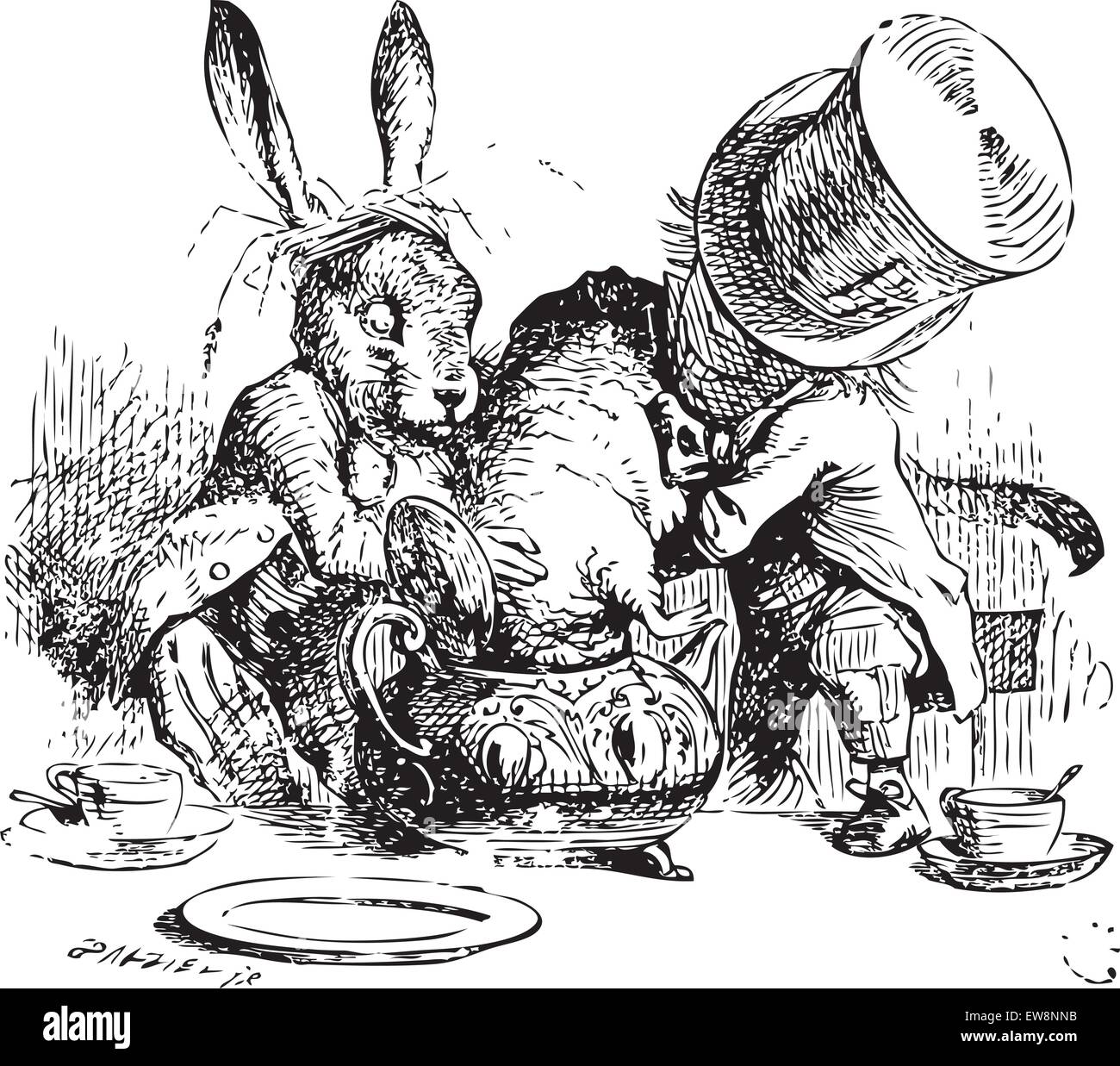 Mad Hatter and March Hare dunking the Dormouse. ...the last time she saw them, they were trying to put the Dormouse into the teapot. Alice's Adventures in Wonderland original vintage illustration. Illustration from John Tenniel, published in 1865. Stock Vector